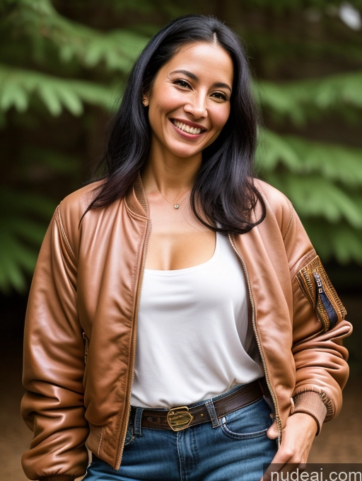 ai nude image of smiling woman in leather jacket and jeans standing in front of trees pics of Woman One Pubic Hair 30s Black Hair Slicked Native American Bomber Small Tits Happy Traditional Leather Skinny