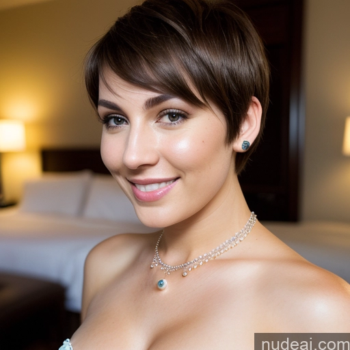 ai nude image of there is a woman that is posing for a picture in a hotel room pics of Two Busty Beautiful Big Ass Fairer Skin 20s Laughing Brunette White Bikini Dress Jewelry Pearl Jewelry Dark Lighting Detailed Short Hair Skin Detail (beta)