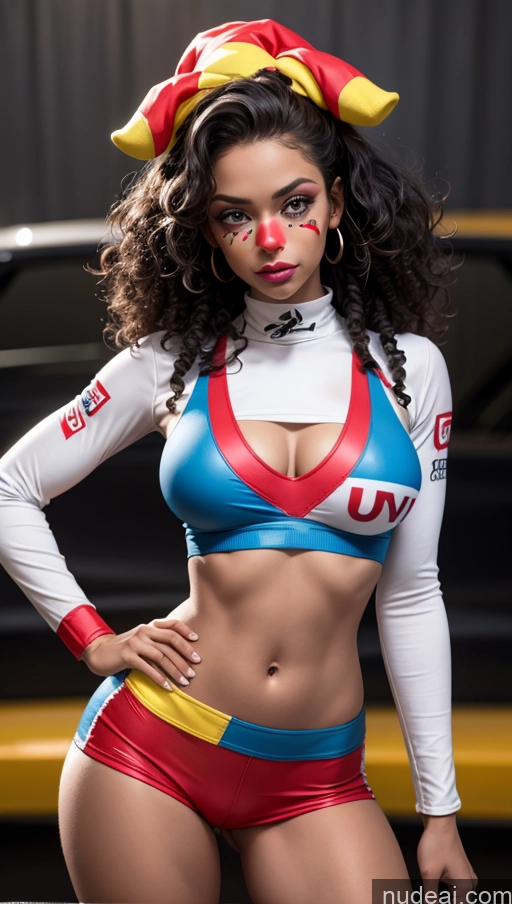 ai nude image of araffe dressed in a costume with a clown nose and a red nose pics of Close-up View No Panties? Pubic Hair Dark Skin Crop Top Race Driver Grumpy Style Curly Hair Clown Busty