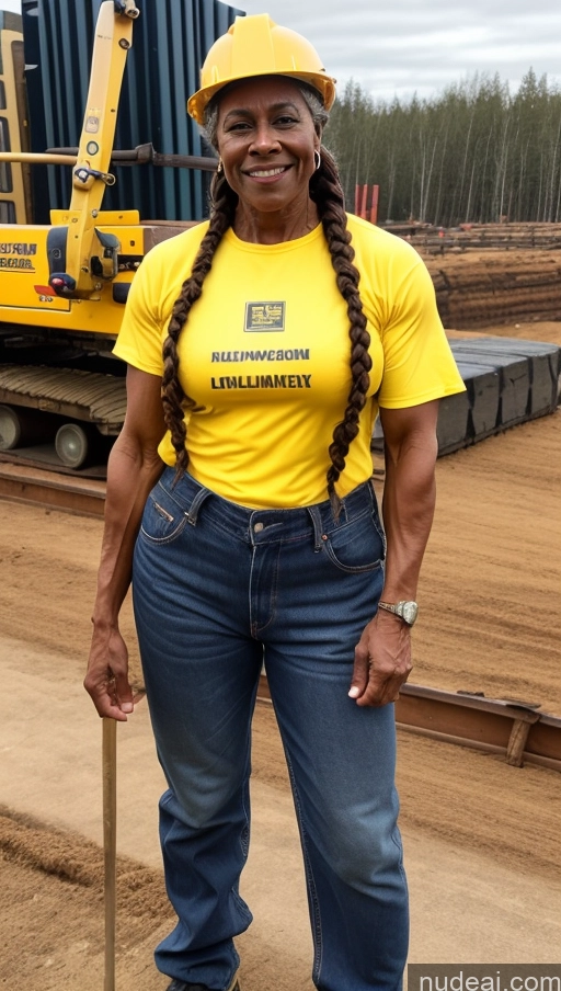 ai nude image of smiling woman in yellow shirt and jeans standing in front of construction equipment pics of Muscular Abs Thick Dark Skin Braided 70s Construction Worker Jeans Milf Lumberjack