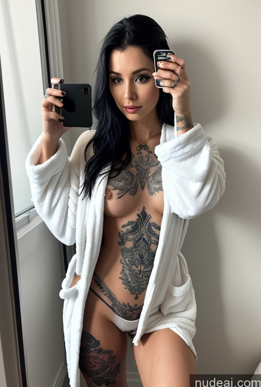 ai nude image of arafed woman in a white robe taking a selfie in a mirror pics of Small Tits Skinny Woman One Black Hair Long Hair Tattoos Bathrobe Bedroom Mirror Selfie