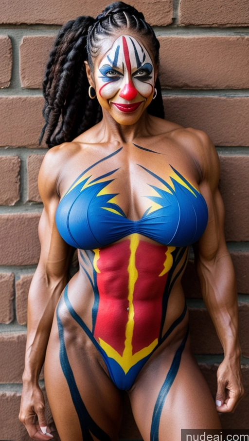 ai nude image of arafed woman with a painted face and body posing for a picture pics of Milf Muscular Abs Big Ass Thick Dark Skin Pubic Hair Braided Bodypaint Clown Superhero Nude Big Hips 60s