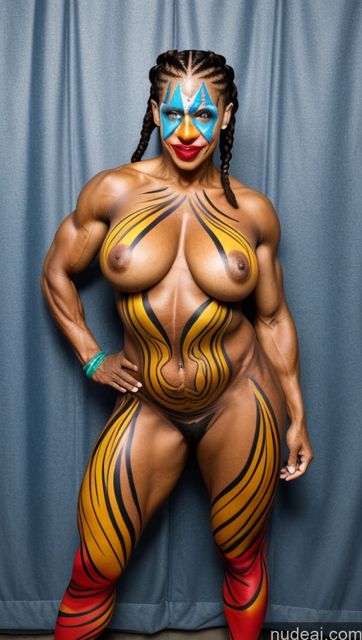 ai nude image of arafed woman with a tiger body painted on her body pics of Milf Muscular Abs Big Ass Thick Dark Skin Pubic Hair Braided Bodypaint Superhero Big Hips Nude Black Hair Stage Perfect Boobs Tall 80s Clown