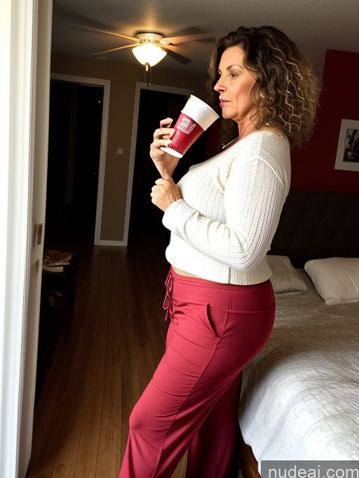 ai nude image of there is a woman standing in a bedroom holding a cup of coffee pics of Milf Big Ass Fat Long Legs Tall Auntjunev3 50s Sexy Face Brunette Messy Party Harem Pants Sweater Italian