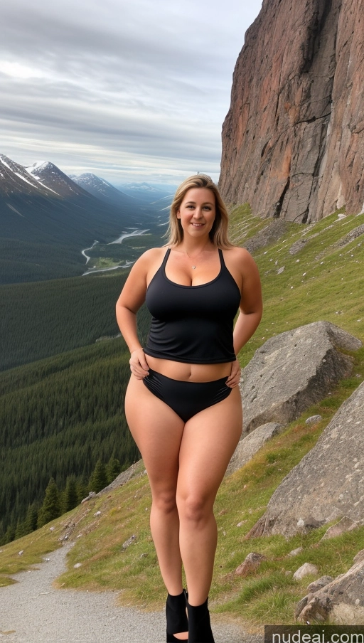 ai nude image of arafed woman in a black bikini posing on a mountain pics of Big Ass Abs Thick Chubby Big Hips Long Legs Tall High Heels Partially Nude Fat Mini Skirt Pantyhose 50s Swedish Mountains