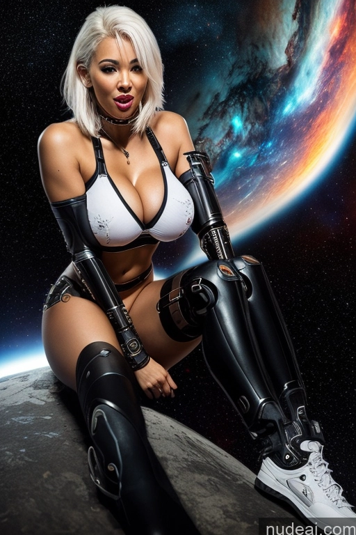 ai nude image of sexy woman in futuristic outfit posing on a planet with a gun pics of Cyborg One Perfect Boobs Small Tits Perfect Body 30s Sexy Face Ahegao Laughing White Hair Bangs Black Stargazing Hell Crop Top