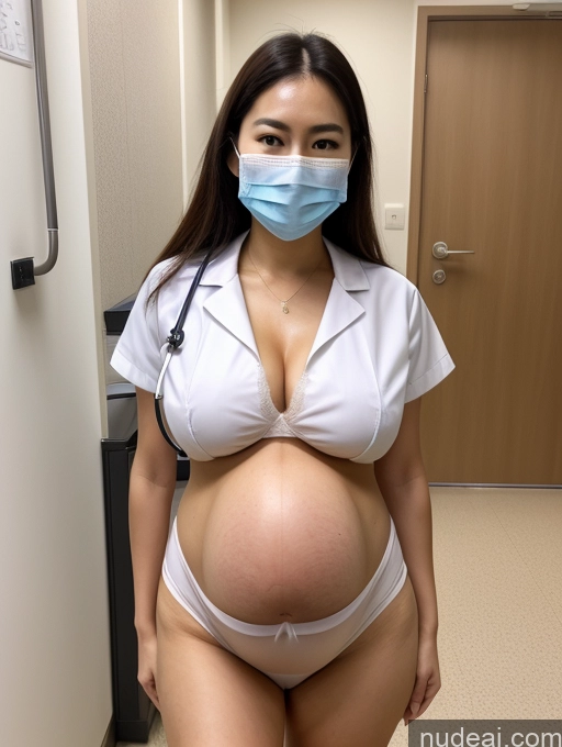 ai nude image of pregnant woman in white shirt and mask standing in hospital hallway pics of Perfect Boobs Long Legs Big Hips Pregnant Perfect Body Pubic Hair Hairy Women Brunette Long Hair Korean Science Fiction Style Hospital Face Mask Doctor Professor