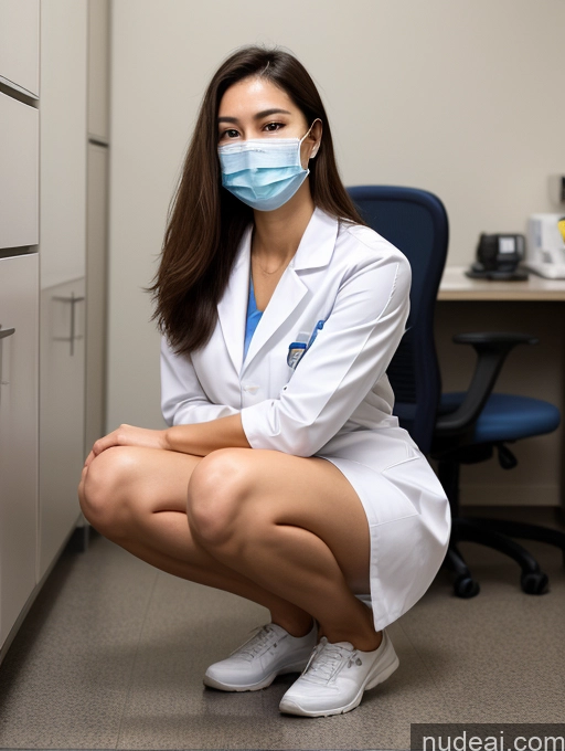 ai nude image of arafed female doctor kneeling down in a medical office pics of Perfect Boobs Long Legs Big Hips Pregnant Perfect Body Pubic Hair Hairy Women Brunette Long Hair Korean Science Fiction Style Hospital Face Mask Doctor Professor 18 Dynamic View Squatting Partially Nude