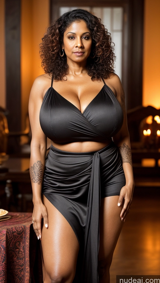 ai nude image of arafed woman in a black dress posing for a picture pics of Milf Busty Huge Boobs Beautiful Tattoos Muscular Abs Thick Big Hips Tall Curly Hair Dark Skin 60s Serious Ginger Indian Dark Fantasy T-pose Blouse Sari Detailed Sexy Face Hell Front View