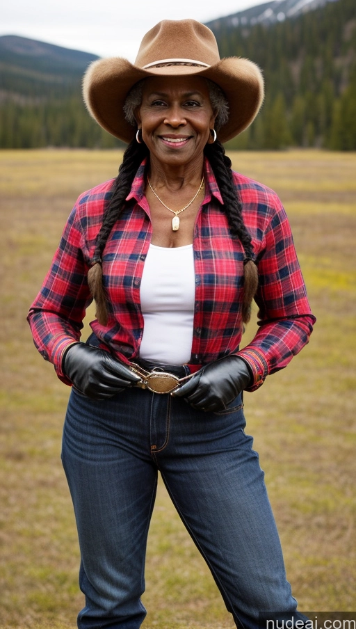 ai nude image of smiling woman in a cowboy hat and plaid shirt standing in a field pics of Muscular Abs Milf 80s Braided Gloves Western Lumberjack Dark Skin Hat Jeans Black Thick