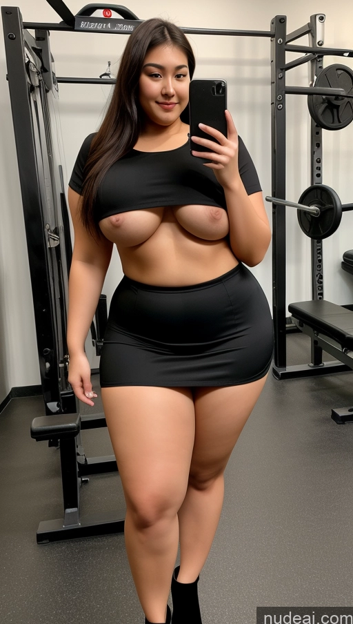 ai nude image of araffe woman in a black dress taking a selfie in a gym pics of Tall Long Legs Big Hips Big Ass Fat Chubby Thick Abs Busty Partially Nude Micro Skirt High Heels 18 Gym Japanese