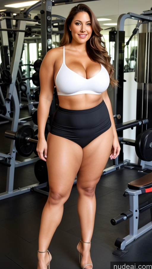 ai nude image of araffe woman in a white top and black shorts posing in a gym pics of Busty Beautiful Big Ass Abs Thick Chubby Fat Big Hips Long Legs Tall Perfect Body Dutch Gym High Heels Micro Skirt Partially Nude Muscular 50s