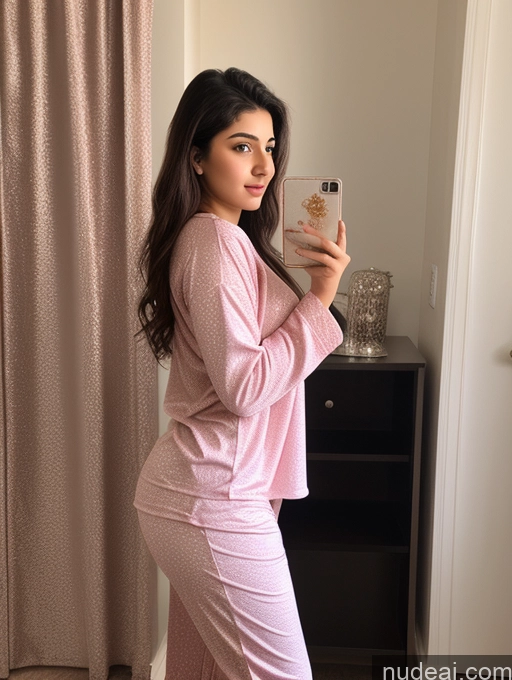 ai nude image of araffe woman in pink pajamas taking a selfie in front of a mirror pics of Woman One Small Tits Thick Big Hips Big Ass 18 Arabic Side View Pajamas