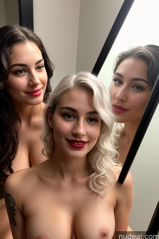 ai nude image of there are three women that are posing for a picture in the mirror pics of Two Perfect Boobs Big Ass Perfect Body Tall Oiled Body Seductive Sexy Face Happy Mirror Selfie Bedroom Front View Nude Wine Bright Lighting Detailed Model White Hair British Curly Hair Lipstick Tattoos 18