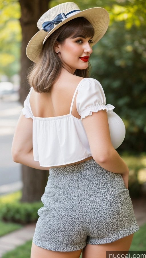 ai nude image of araffe woman in a white top and grey shorts with a hat pics of Huge Boobs Perfect Boobs Big Ass Thick Beautiful Lipstick Perfect Body Fairer Skin Big Hips Dirndl Secretary Bangs Bows Hat White Hair 60s Pubic Hair 18 Daisy Dukes Chubby