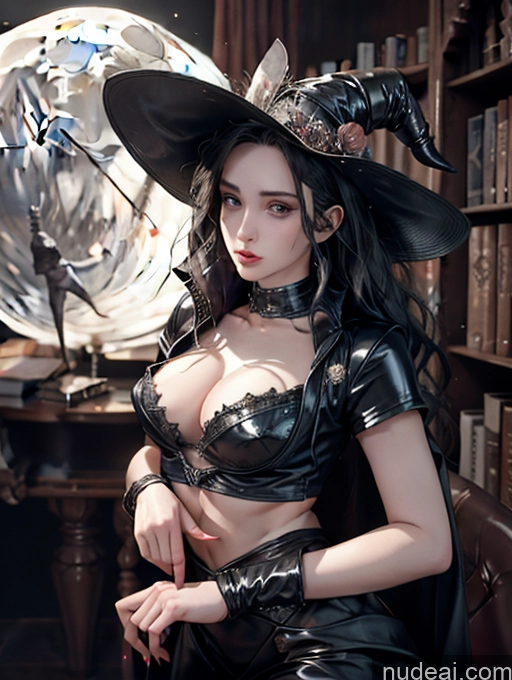 ai nude image of witch in a black leather outfit posing in a library pics of Detailed Dark Lighting Sexy Cosplay Costume (realistic) V5 Khorne Witch Victorian Stylish Latex Dynamic View Moon Fairer Skin Surrealist