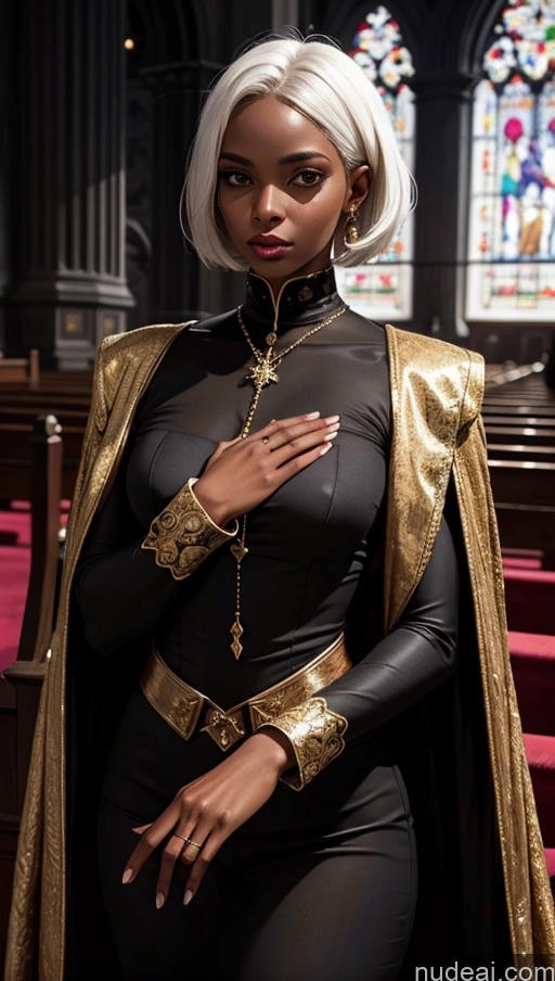 related ai porn images free for Detailed Dark Lighting Victorian White Hair Dark Skin Tanned Skin African Short Hair Gold Jewelry Goth Suit Military Seductive Dark Fantasy Church Beautiful Tunic Vampire