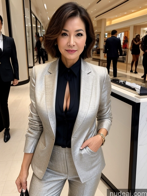 ai nude image of woman in a silver suit and black shirt posing for a picture pics of Milf Perfect Boobs Beautiful Perfect Body 60s Seductive Pixie Chinese Mall Blouse Casual Jacket Professor Secretary Shirt Stylish Suit Cleavage Detailed Sexy Face