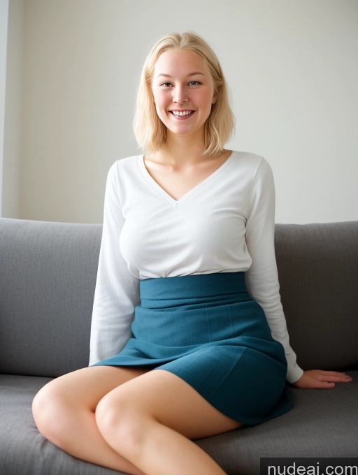 ai nude image of blonde woman sitting on a couch with a white shirt and blue skirt pics of Wife Or Girlfriend Small Tits Thick Big Hips Long Legs Perfect Boobs Fairer Skin 18 Laughing White Hair Bobcut Scandinavian Couch Kilt Tunic