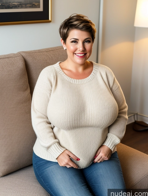 related ai porn images free for Woman Busty Huge Boobs Big Ass Fat Big Hips Short 60s Happy Serious Brunette Pixie White Couch Front View Jeans Sweater