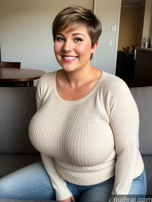 related ai porn images free for Woman Busty Huge Boobs Big Ass Fat Big Hips Short 60s Happy Serious Brunette Pixie White Couch Front View Jeans Sweater