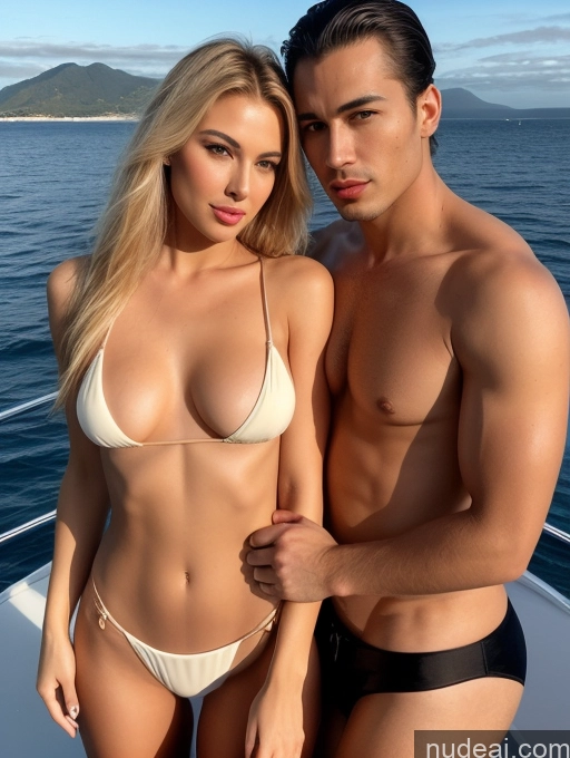 related ai porn images free for Woman + Man Two Perfect Body Perfect Boobs 20s Seductive Happy Sexy Face Pouting Lips Blonde Ponytail Brazilian Surrealist Yacht T-pose Bikini Partially Nude Gold Jewelry Wine