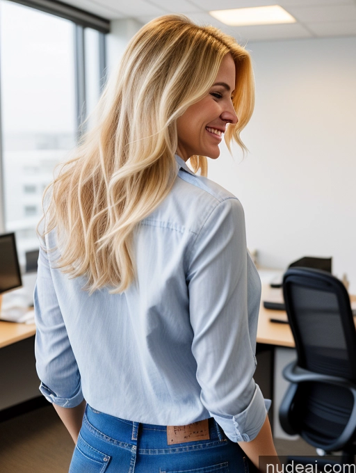 related ai porn images free for Blonde Woman Blouse Jeans Jacket Office Messy Back View Happy