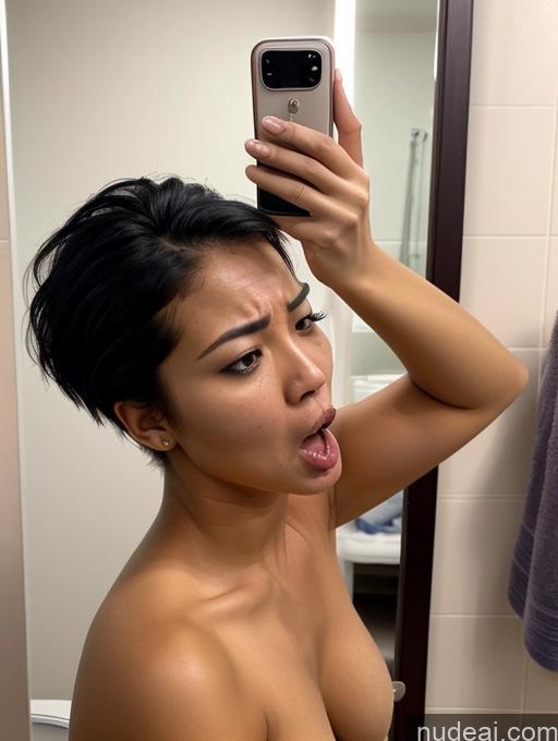 ai nude image of araffed asian woman taking a selfie in a bathroom mirror pics of 18 Tanned Skin Black Hair Asian Mirror Selfie Bathroom Front View Blowjob Nude Pixie Angry Ahegao One Woman