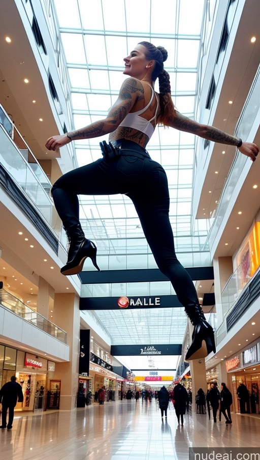 ai nude image of araffe jumping in the air in a mall with people walking around pics of Miss Universe Model Small Tits Tattoos Sunglasses Lipstick Small Ass Skinny Abs Short Perfect Body 20s Laughing Ginger Braided Czech Mall Back View Jumping High Heels Dress Boots Police