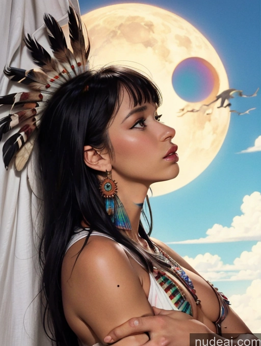 ai nude image of arafed woman with feathers on her head and a full moon in the background pics of Perfect Body Tanned Skin Bangs Native American Traditional Art By Boris Vallejo Boris Vallejo Art Style Side View Fellatio (Side View)