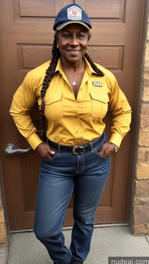 ai nude image of arafed woman in a yellow shirt and blue jeans standing in front of a door pics of Milf Muscular Abs Thick Dark Skin Military Braided 80s Lumberjack Jeans Construction Worker