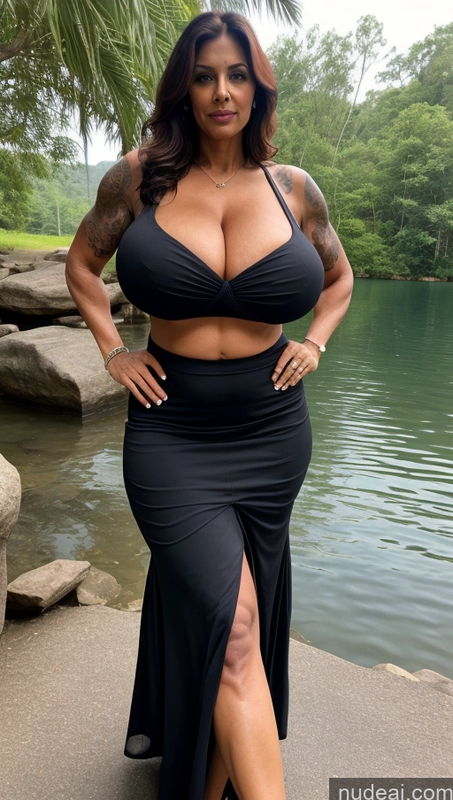 ai nude image of araffe woman in a black dress posing by a body of water pics of Milf One Busty Huge Boobs Beautiful Tattoos Muscular Big Ass Abs Thick Big Hips Tall Dark Skin 60s Seductive Ginger Indian Front View T-pose Detailed Sexy Face Lake Dark Fantasy Blouse Long Skirt