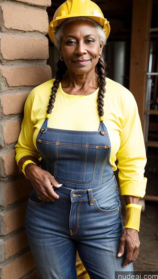 ai nude image of smiling woman in yellow shirt and blue overalls leaning against brick wall pics of Milf Muscular Abs Thick Dark Skin Braided 80s Jeans Construction Worker Pubic Hair