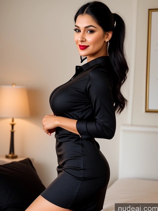 ai nude image of there is a woman in a black dress posing on a bed pics of Woman One Perfect Boobs Beautiful Lipstick Big Ass Chubby Long Legs Perfect Body 30s Happy Seductive Pouting Lips Black Hair Ponytail Indian Bedroom Front View Spreading Legs Dress Long Skirt Polo Shirt