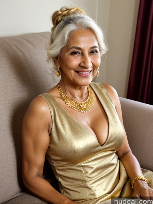 ai nude image of smiling woman in gold dress sitting on a couch with a plate of food pics of Milf One Tanned Skin 80s Happy White Hair Hair Bun Indian Skin Detail (beta) Couch Front View Salwar Cleavage Gold Jewelry Dark Lighting Detailed