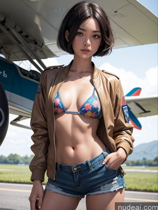 ai nude image of arafed woman in a bikini and jacket standing in front of a plane pics of Short Shorts Pilot Jacket Bikini Short Hair Japanese