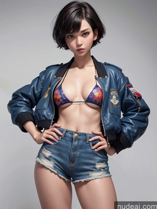 ai nude image of arafed woman in a blue jacket and denim shorts posing for a picture pics of Short Shorts Pilot Jacket Bikini Short Hair Japanese Ghiblistyle