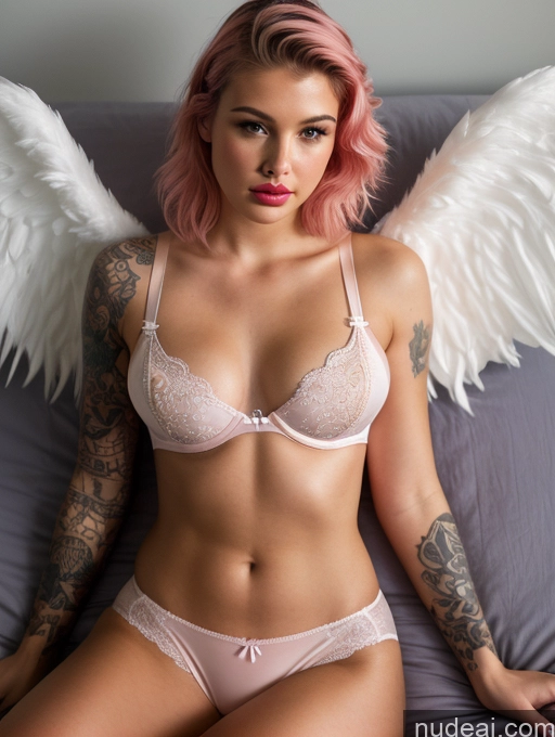 ai nude image of arafed woman with pink hair and angel wings sitting on a bed pics of Big Ass Perfect Body Pink Hair White Tattoos Perfect Boobs Pouting Lips Front View 18 Bedroom Angel Bra Panties On Back