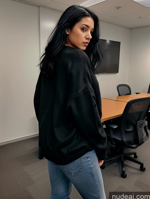 ai nude image of there is a woman standing in a room with a desk and chairs pics of Office Black Hair Straight Jeans Oversized Sweater/Hoodie