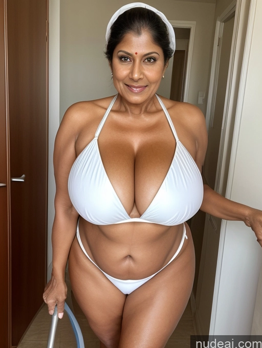 ai nude image of arafed woman in a white bikini and a white headband pics of Milf One Busty Huge Boobs Tanned Skin Thick 60s Indian Front View Maid Microkini Thong