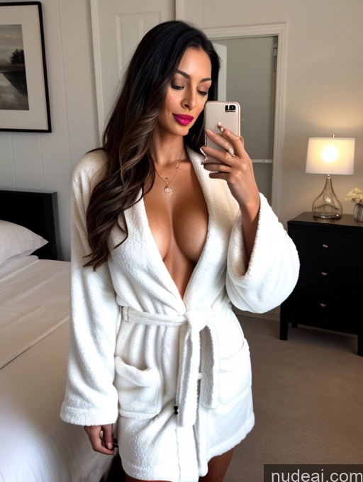 ai nude image of araffed woman in a robe taking a selfie in a hotel room pics of 30s Lipstick Perfect Body Tanned Skin Sunglasses Big Ass Brunette Long Hair Brazilian Bedroom Sleeping Bathrobe Woman Sexy Face Mirror Selfie Front View Cleavage Wine Dark Lighting