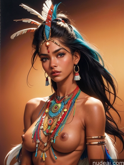 ai nude image of arafed woman with feathers and jewelry posing for a picture pics of Tanned Skin Native American Traditional Topless Woman Breasts Art By Boris Vallejo Boris Vallejo Art Style Perfect Body Massage 90s Slicked