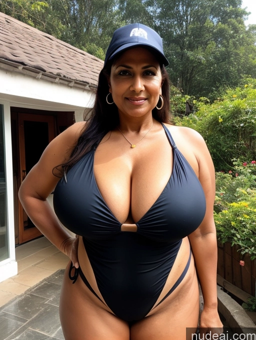 ai nude image of araffe woman in a black swimsuit and a hat posing for a picture pics of Milf One Busty Huge Boobs Tanned Skin Thick 60s Indian Front View Maid Microkini Thong Construction Worker Witch