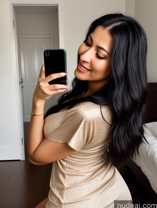 ai nude image of there is a woman taking a selfie in a bedroom pics of Woman One Perfect Boobs Big Ass 20s Orgasm Black Hair Long Hair Indian Dress Mirror Selfie Bedroom Simple Close-up View