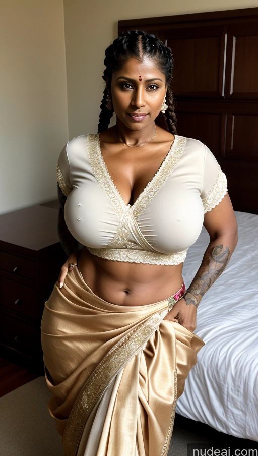 related ai porn images free for Milf Tattoos Huge Boobs Muscular Thick Dark Skin 60s Seductive Sexy Face Indian Film Photo Bedroom Front View T-pose Detailed Braided Blouse Sari