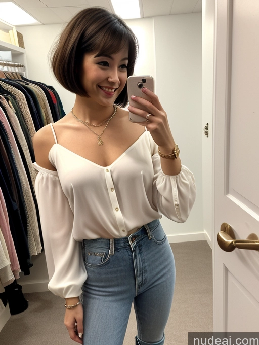 ai nude image of araffed woman taking a selfie in a closet with clothes on hangers pics of One Small Tits Small Ass Perfect Body Fairer Skin 20s Happy Woman Brunette Short Hair Asian Blouse Boots Casual Jewelry Front View Mirror Selfie Changing Room