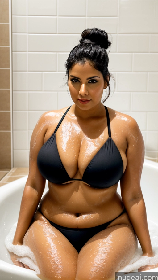 related ai porn images free for Model One Huge Boobs Chubby 30s Sexy Face Black Hair Hair Bun Indian Film Photo Bathroom Close-up View Bright Lighting Detailed Bikini Bathing