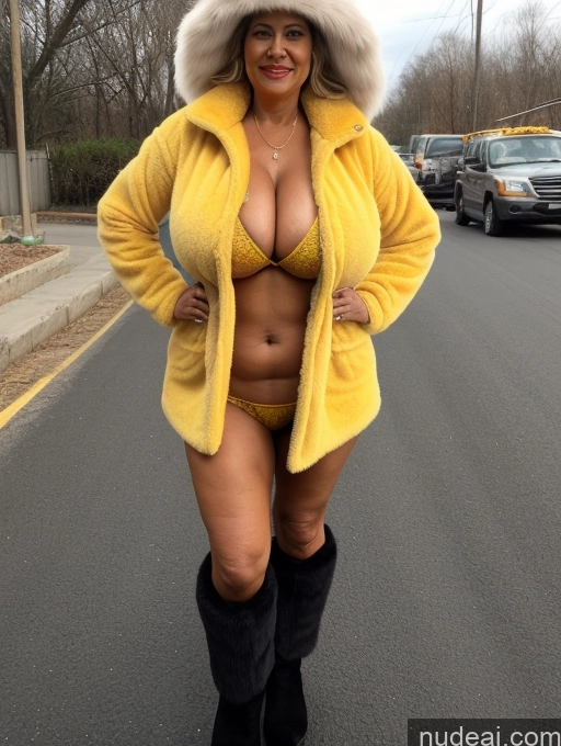 ai nude image of araffe woman in a yellow jacket and boots posing on the street pics of Milf One Busty Huge Boobs Thick Tanned Skin 70s Front View Fur Jacket Microkini Thong Indian Construction Worker Vampire