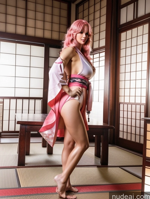 ai nude image of araffe in a pink outfit posing in a room with a bench pics of Huge Boobs Beautiful Muscular Abs Big Hips Long Legs Pubic Hair 30s Pink Hair Kimono Yae Miko: Genshin Impact Cosplayers