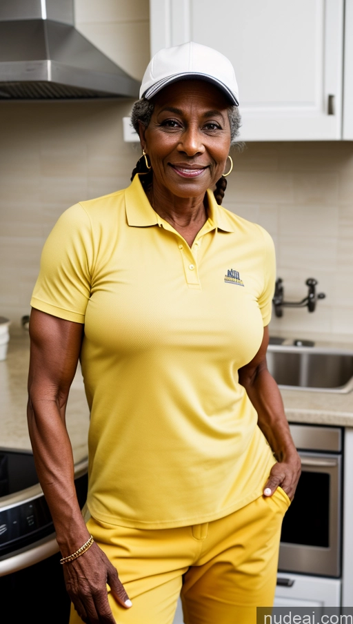 ai nude image of smiling woman in yellow shirt and white hat standing in kitchen pics of Milf Muscular Abs Dark Skin Braided Kitchen Construction Worker Polo Jeans 80s